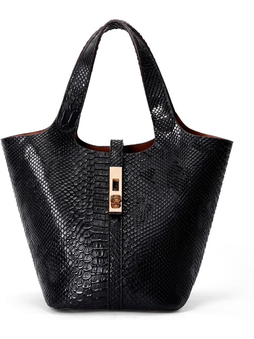Women's Black Vegan Leather Satchel Tote Handle Lock Design Bucket Purse